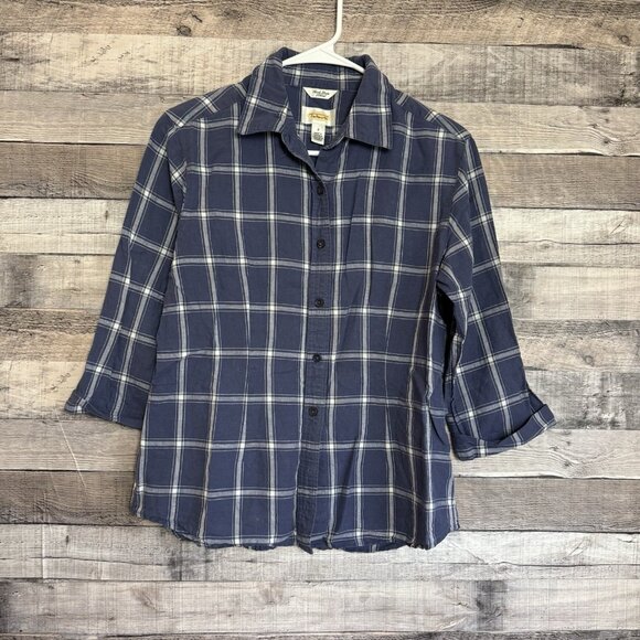 Talbots Shirt Womens Small Blue Plaid Irish Linen Blend Button Down 3/4 Sleeve - Picture 1 of 9